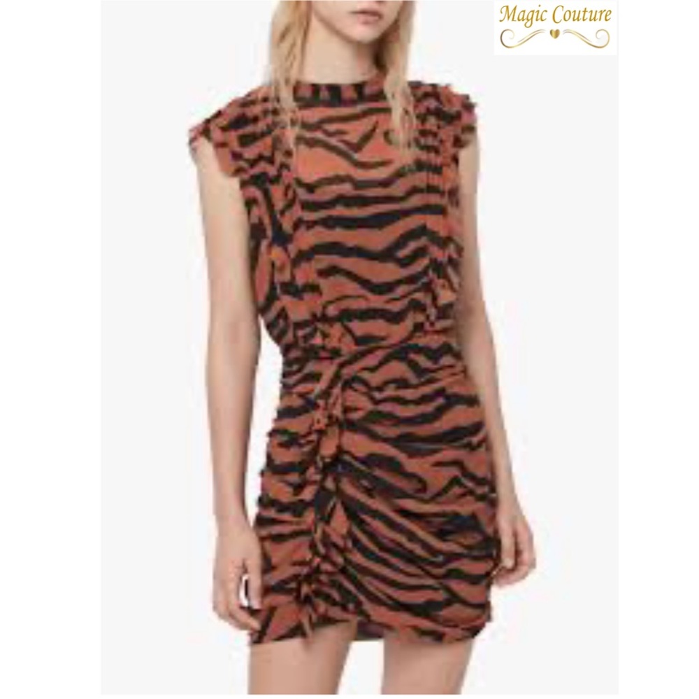 Allsaints Hali Zephyr Zebra Print Ruched Dress 🦓 🧡💛